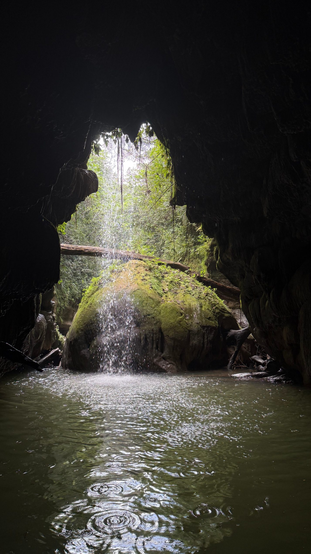 Cave with waterfall over rocks leading to a sunlit jungle view.
