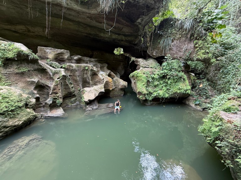 Person sitting in a lush, rocky cave pool with greenery.