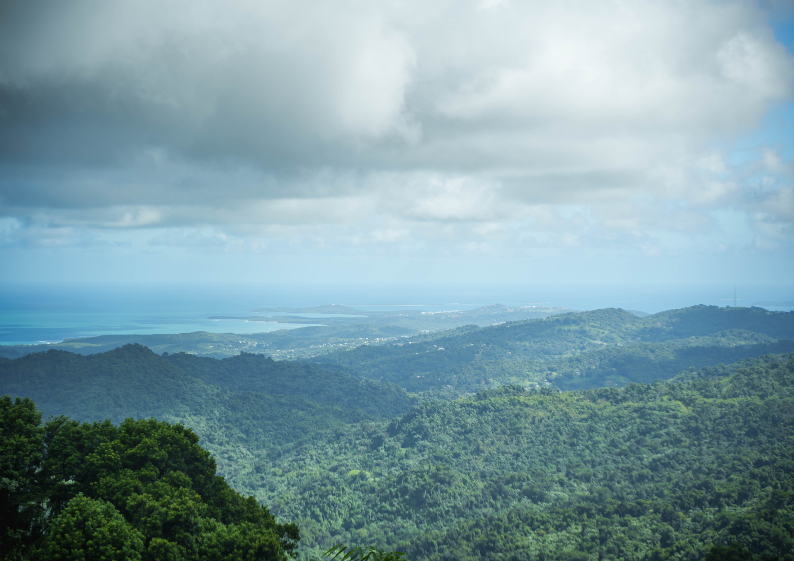 Lush green hills under a cloudy sky with ocean in the distance.