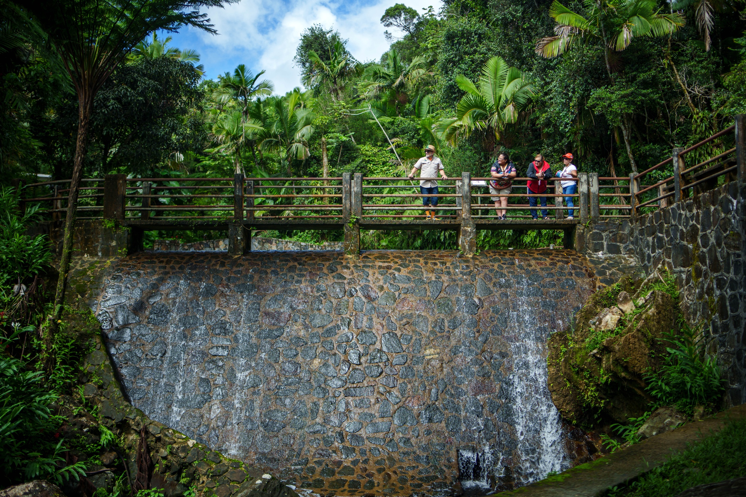 People standing on a bridge above a stone waterfall in a lush forest.