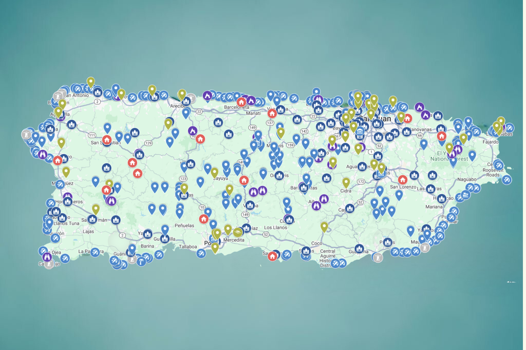 Map of Puerto Rico with various colored location markers.
