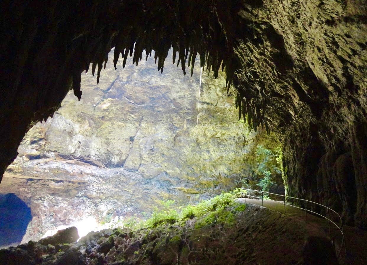 Cave interior with stalactites and a path with a railing.
