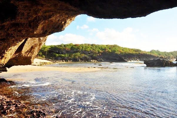 Cave view of a sunny beach with lush greenery on a clear day.