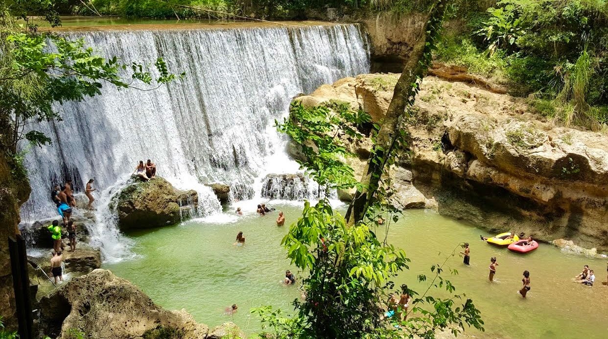 People swimming under a large waterfall in a lush, green forest