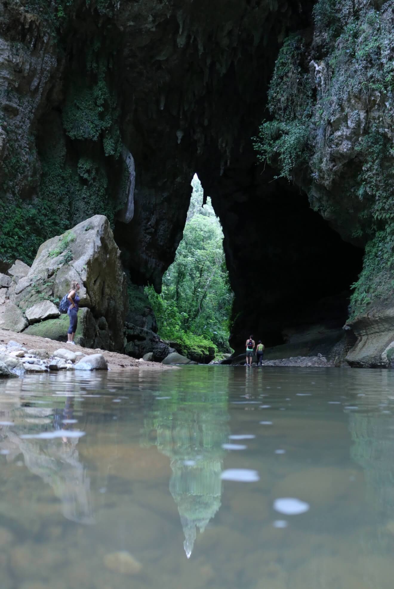 People exploring a water-filled cave entrance surrounded by greenery.