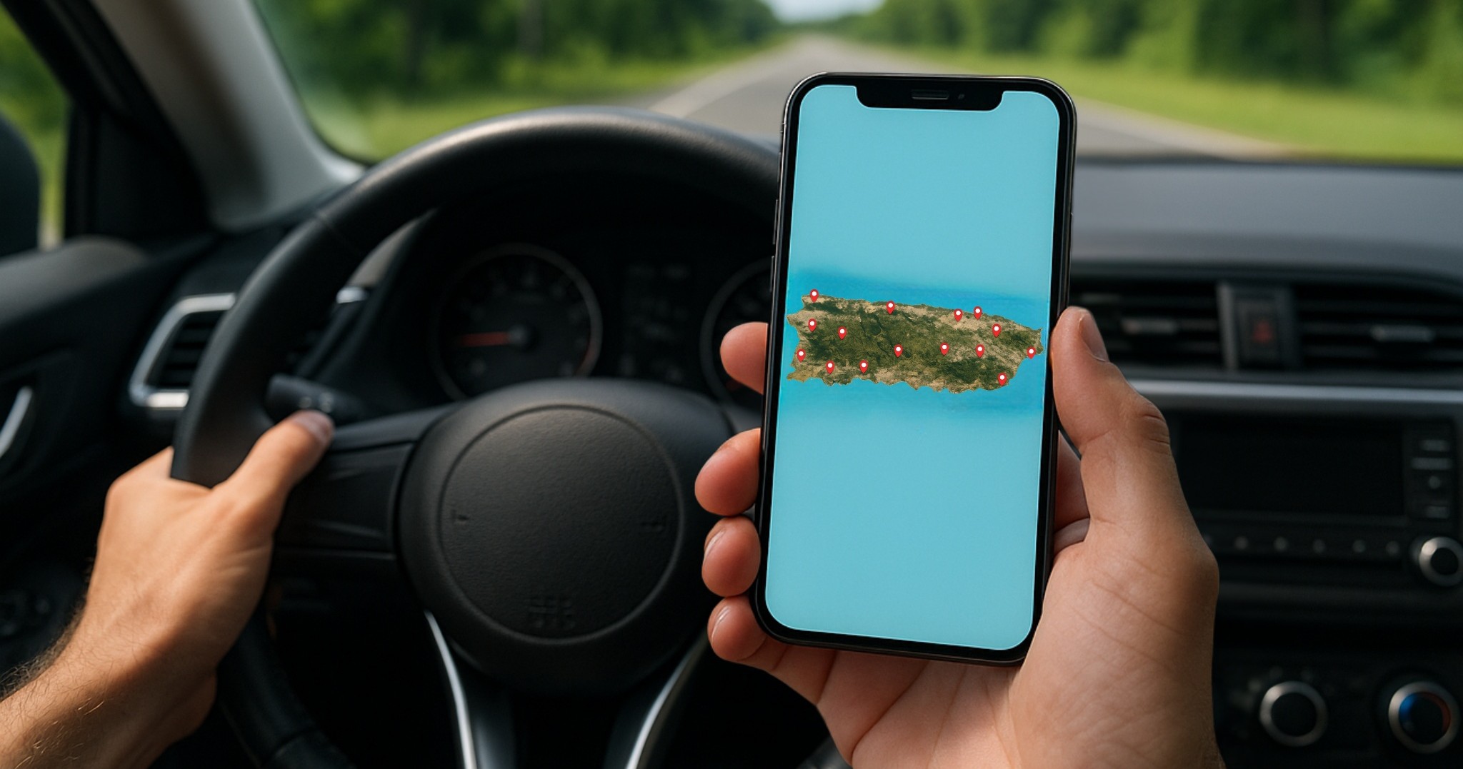 Person holds phone with map inside a car while driving.