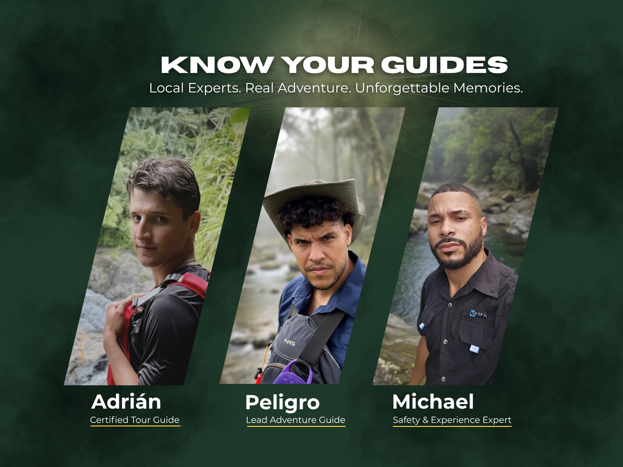 Three men labeled as guides against nature background with text: 'Know Your Guides'.